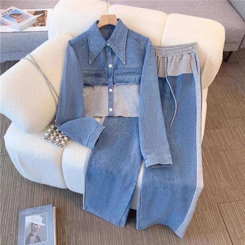 Two Piece Women Pant Set Denim Splice Matching Sets Spring Top Wide Leg Long Pants Casual Loose Lace Up High Waist Jogger