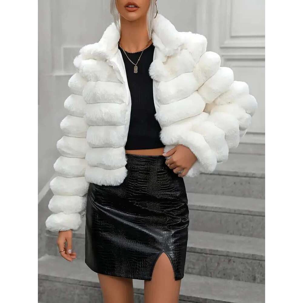 S-3XL Light Winter Warm Open Slim Plush Jacket Women 3D Striped Faux Fur Cardigan Ladies Thick Short Coat