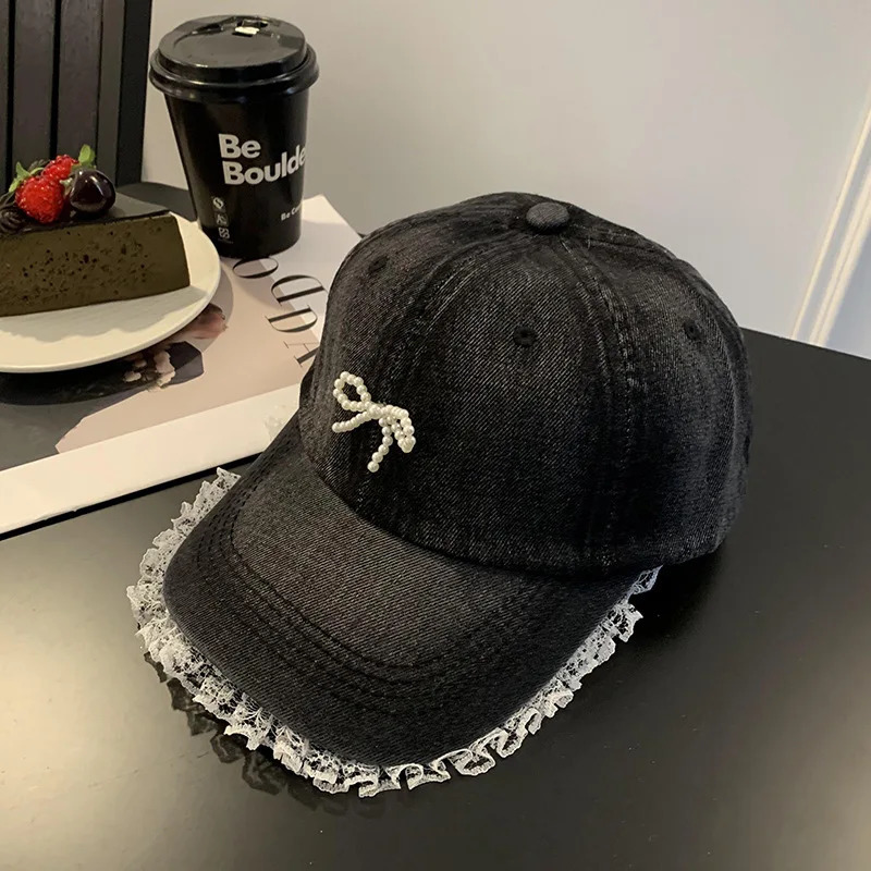 Denim Diamond Bow Kont Baseball Cap Korean Y2k Fashions Lace Baseball Hip Hop Hat Summer Sun Protection Beach Hat 250603