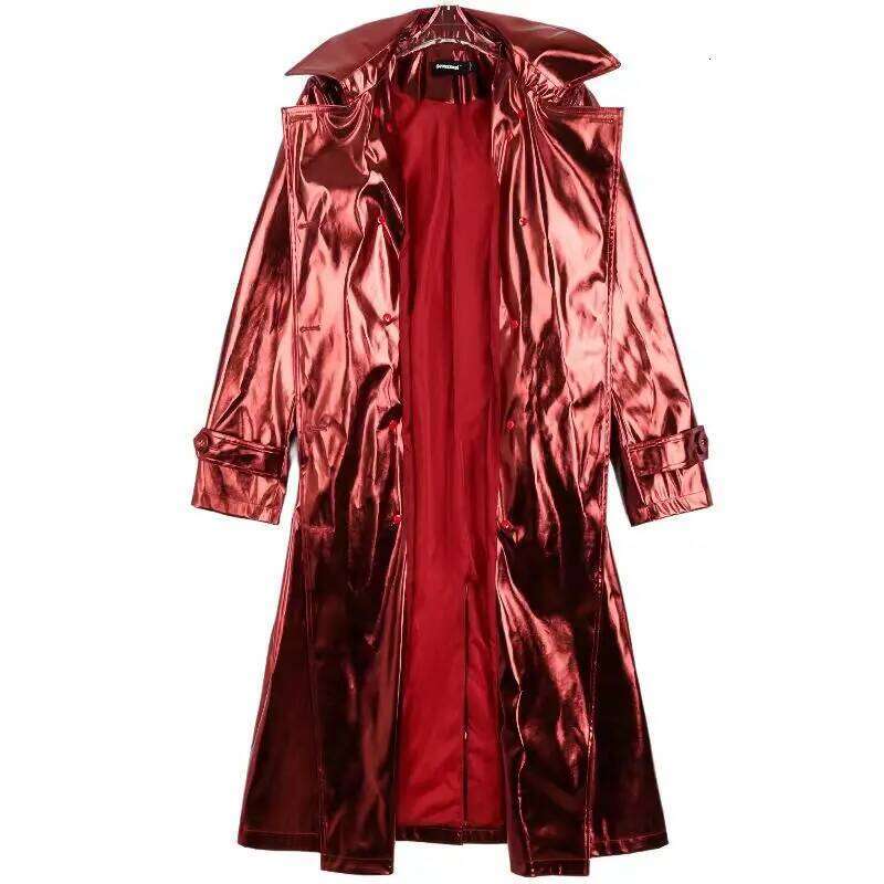 Long PU Leather Coat For Women, Fashion Overcoat, Female Clothing, New England Style, Adjustable Waist, Sequins, Spring, Autumn