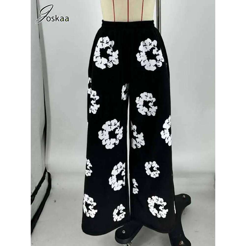 Joskaa Printed Casual Fleece Baggy Trousers Women Hipster Elastic Waist Straight Leg Black Pants 2024 Female Bottoms Streetwear