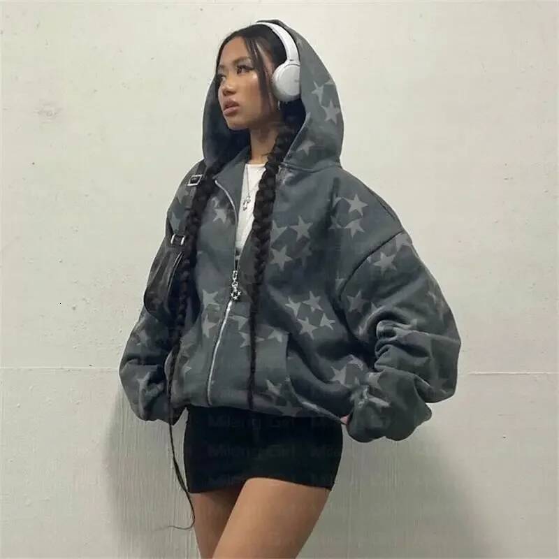 Women Long-Sleeved Zip Hoodie Jacket Oversize Streetwear Vintage Fashion Star Graphic Fairy Grunge Men Y2k Clothes Emo Pullover