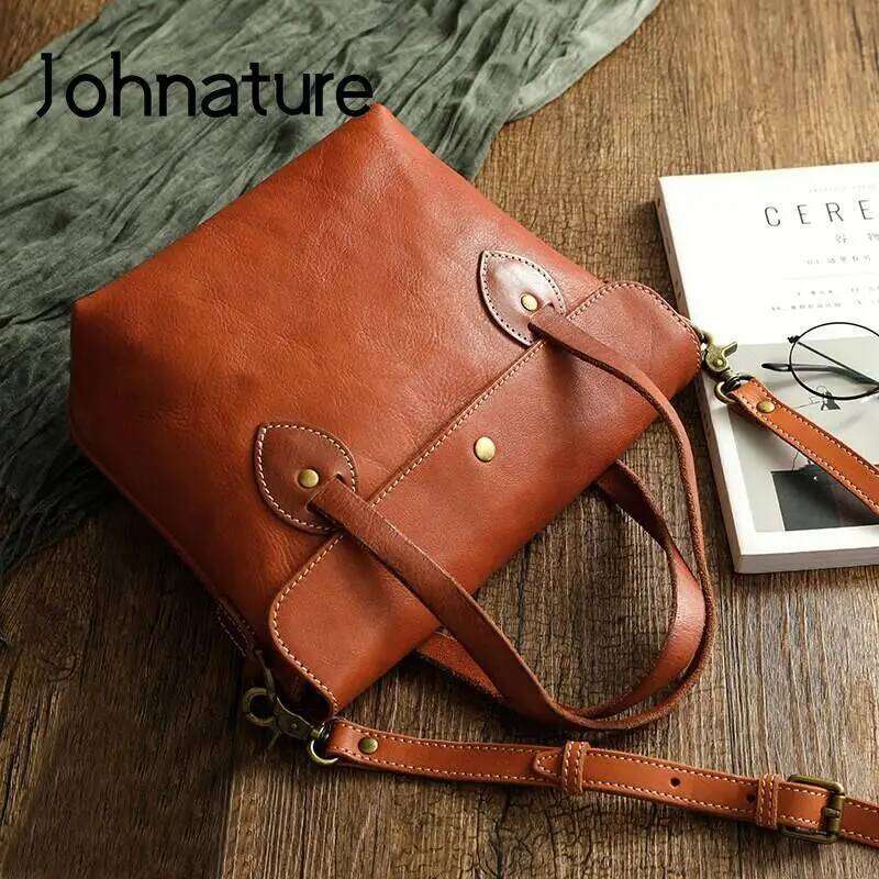 Johnature Simple Solid Color Genuine Leather Women Bag Vintage Versatile Handbag Natural Real Cowhide Leisure Shoulder Bags 2025/06/05