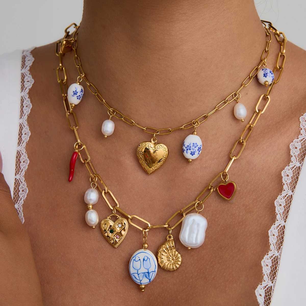 Youthway Minimalist 18K Gold Plated Stainless Steel Ceramics Heart Charms Pendant Necklace For Women Accessories Gift Holiday XJ250604