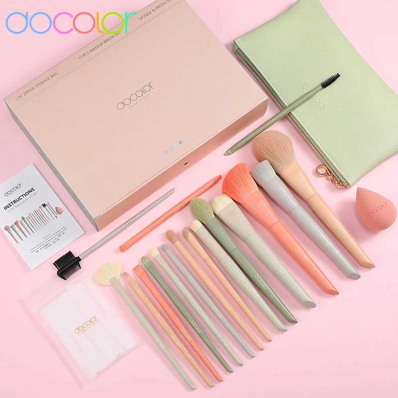 Docolor 17Pcs Makeup Brushes Set Eye Shadow B Powder Blending Foundation Cosmetic Brush With Makeup Sponges And Bag W250605