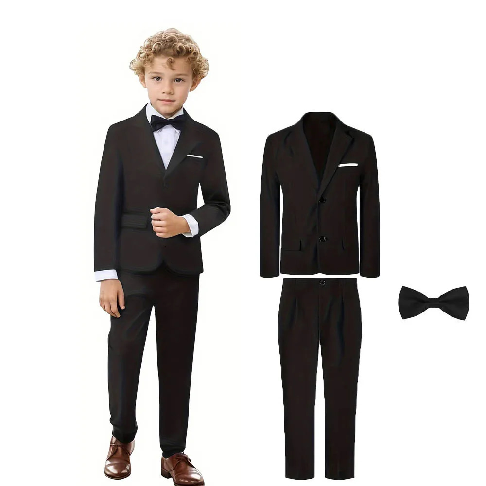 Gentleman Kids Black 007 3Piece/Set Jacket Pants Bowtie Wedding Suit Flower Boys Birthday Party Dress Children Pograph Blazer 250530