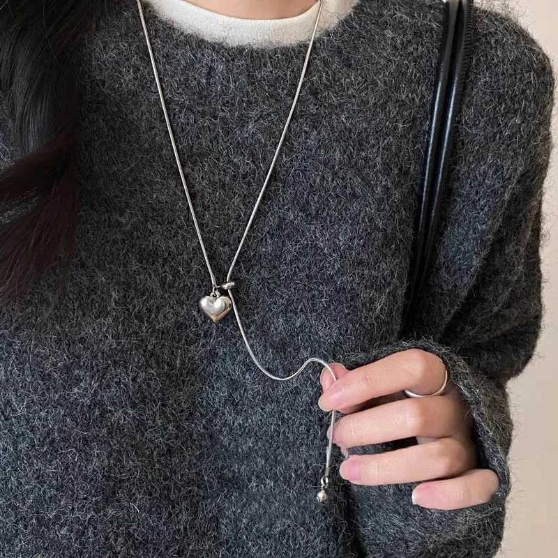 Stainless Steel Long Necklace with Heart Pendant Adjustable Chain Sweater Jewelry for Women Accessories XJ250604