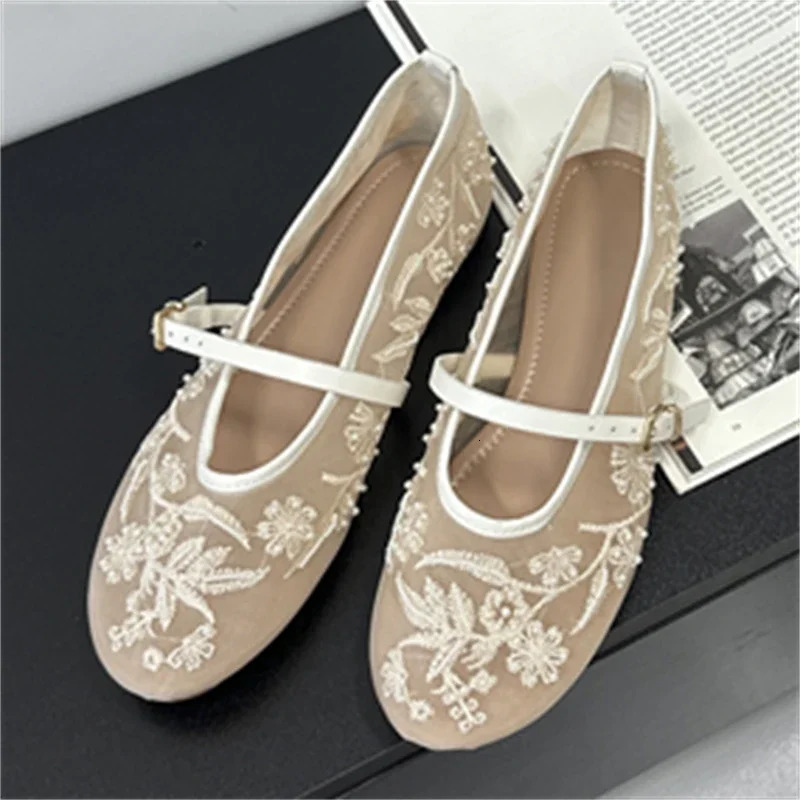 Aneikeh Elegant Ballet Dance Embroidered Flower Mesh Fabric Flat Heels Women Sandals Round Toe Buckle Strap Casual Mule Shoes 250603