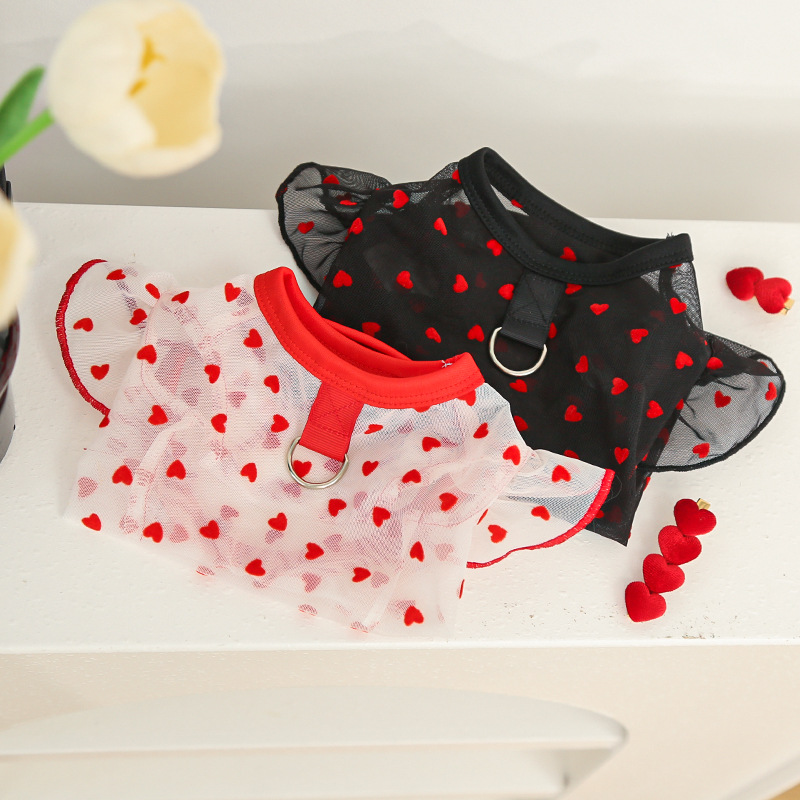 Pet Clothes Cat Summer Mesh Heart-shaped Vest Flying Sleeves Clothing Comfortable Clothes
