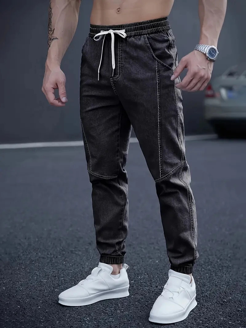 2025 Spring Autumn Black Blue Cargo Jeans Men Streetwear Denim Jogger Pants Baggy Harem Jean Trousers Plus Size 250605Z