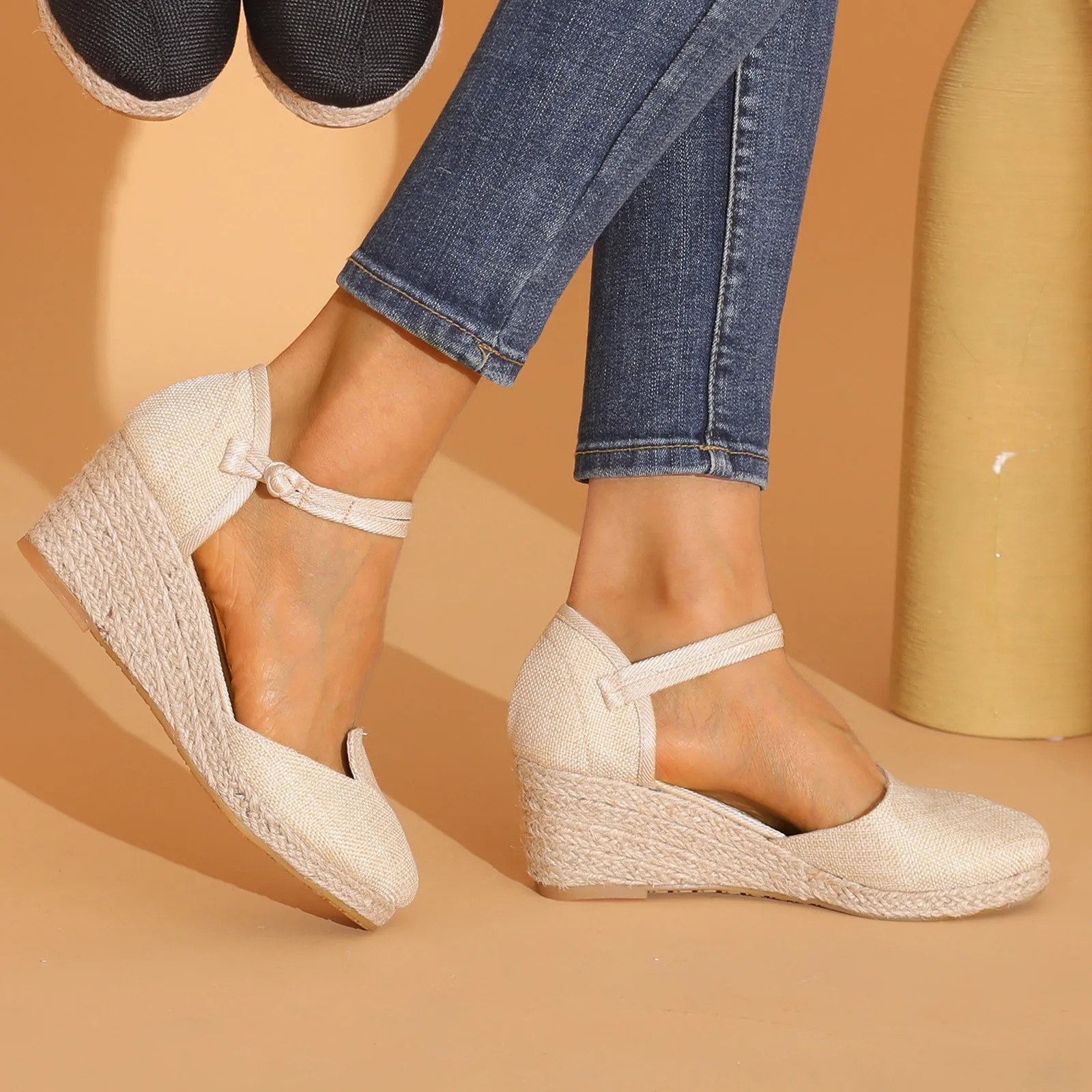 Women Platform Wedge Linen Sandals Fast Versatile Braided Buckle Breathable HighHeeled Shoes Sandals 250605