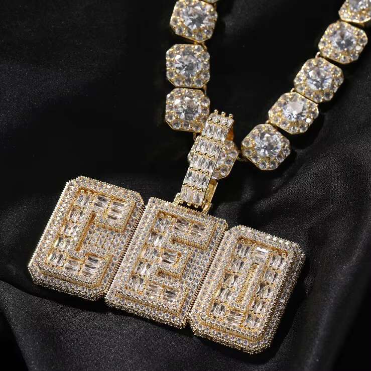 Hip-hop Customized Name CEO Pendant Necklace with Baggot Box Alphabet 5A Fashion Ice Flash Diamond Inlaid 925 Silver Rope Chain