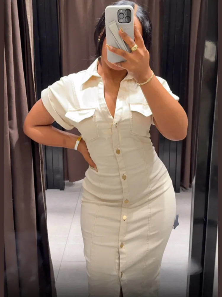 Chic White Lapel Denim Long Dress Women Casual Single Breasted Short Sleeve Slim Maxi Dresses Lady Summer Commute Robes 250604