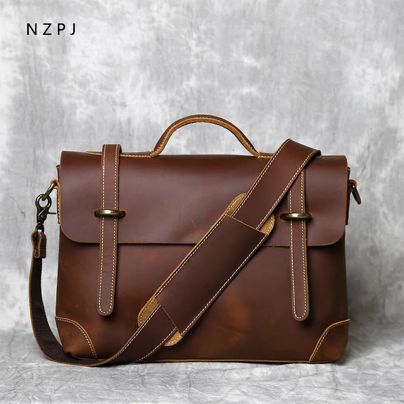 Retro Leather Mens Handbag Top Layer Cowhide Briefcase Crazy Horse Leather Messenger Shoulder Large Capacity Computer Bag NZPJ 250603