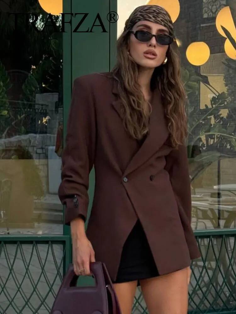 TRAFZA Women Elegant Solid Lapel Two Buttons Suit Jacket Fashion Long Sleeve Slim Short Coats 2025 New Casual Office Lady Blazer