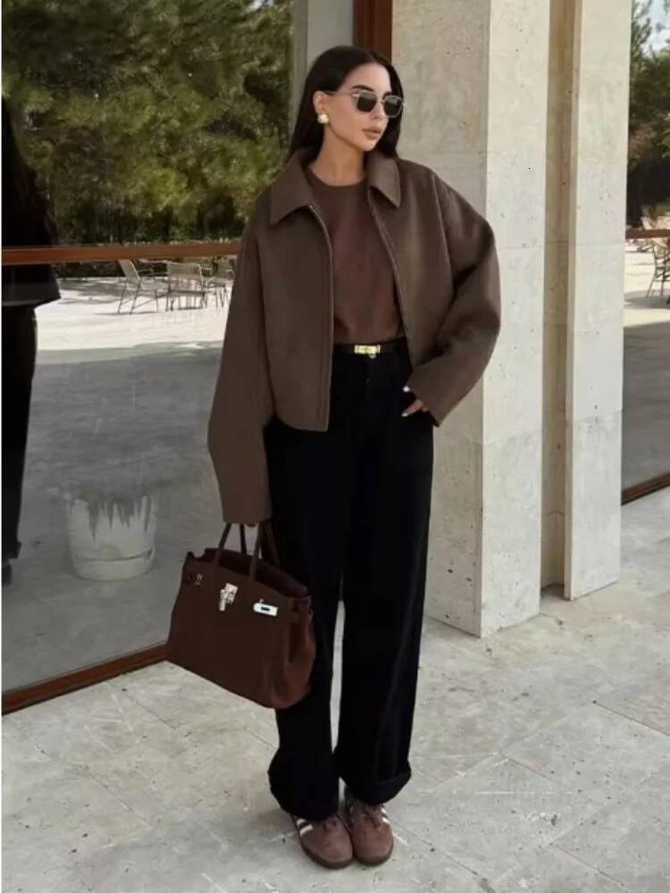 Zipper Crop Jackets For Women Vintage Turn Down Collar Full Sleeves Woolen Coat Lady 2025 Spring Autumn New Chic Casual Overcoat