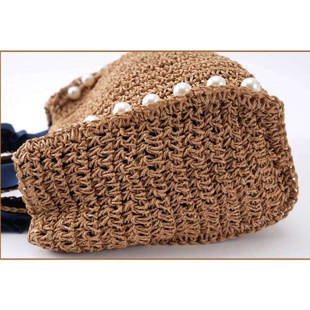 Pearls Straw Bags For Women Bohemian Ruched Handle Handbags Summer Woven Tote Handmade Travel Beach Bag Small Shopper 2024