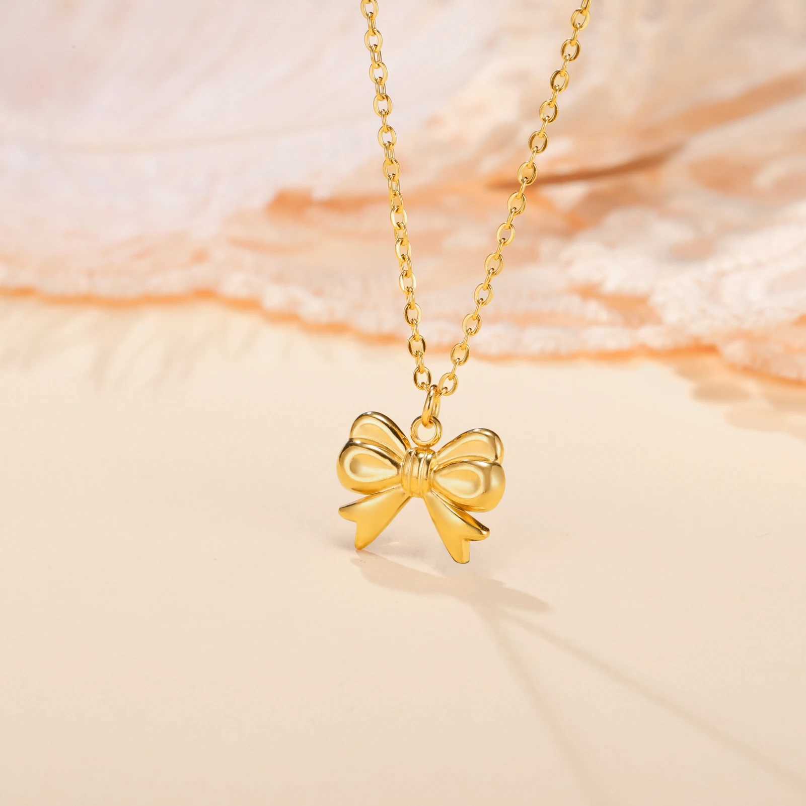 Skyrim Sweet Bowknot Pendant Necklace for Women Girls Stainless Steel Gold Color Chain Choker Trendy Birthday Jewelry Wholesale XJ250604