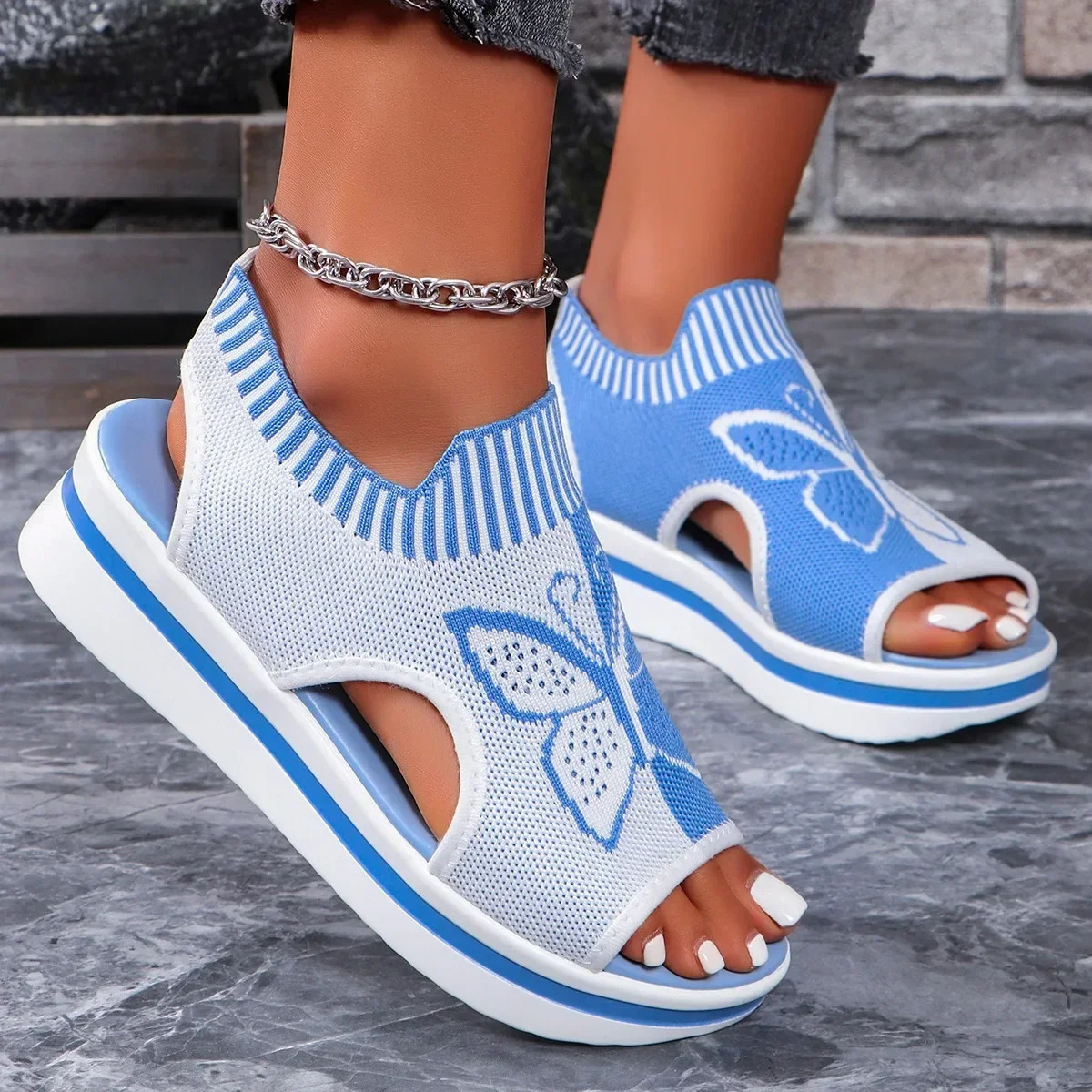 Summer Women Sandals Round Toe Platform Sole Mesh Single Shoes Casual Fashion Blue Butterfly Plus Size 250605