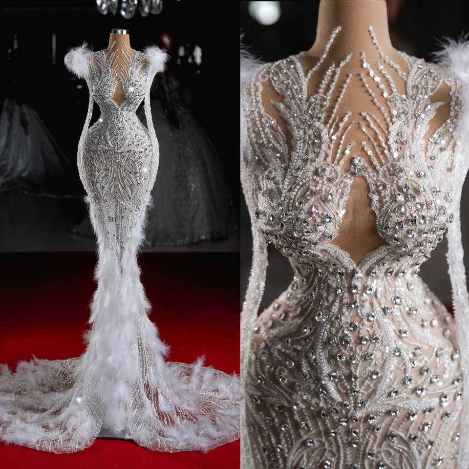 African Mermaid Wedding Dresses Luxury Crystal Beading Feather Bridal Gowns Customized Long Sleeve Pleats Vestio De Novia