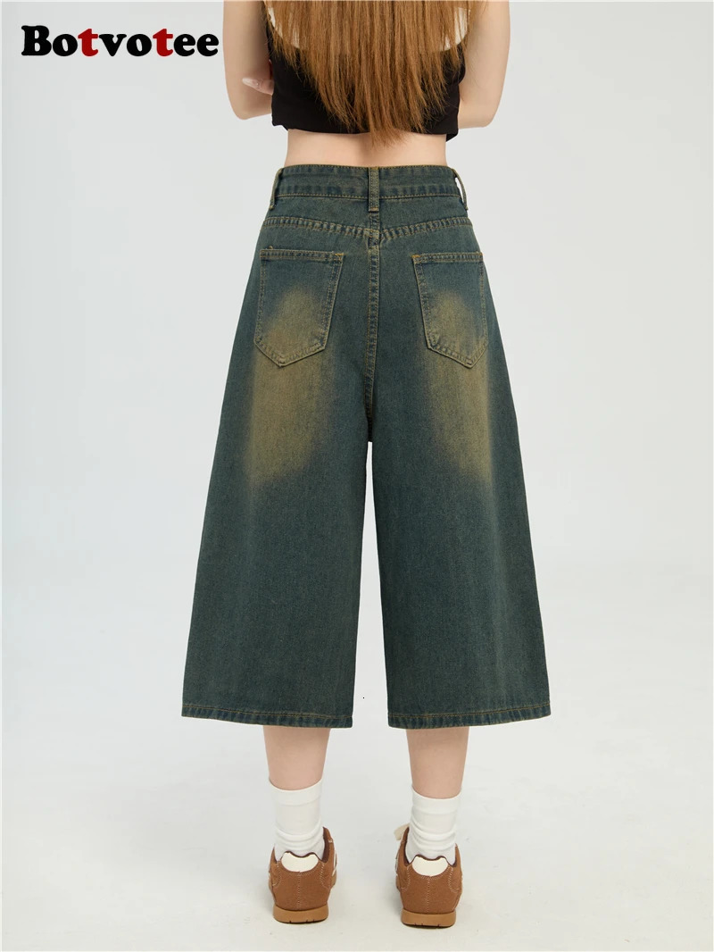 Botvotee Summer Calf Jeans for Women High Waisted Bermuda Shorts Wide Leg Baggy Cargo Denim Pants Y2k 2000s Vintage Loose Jeans 250604
