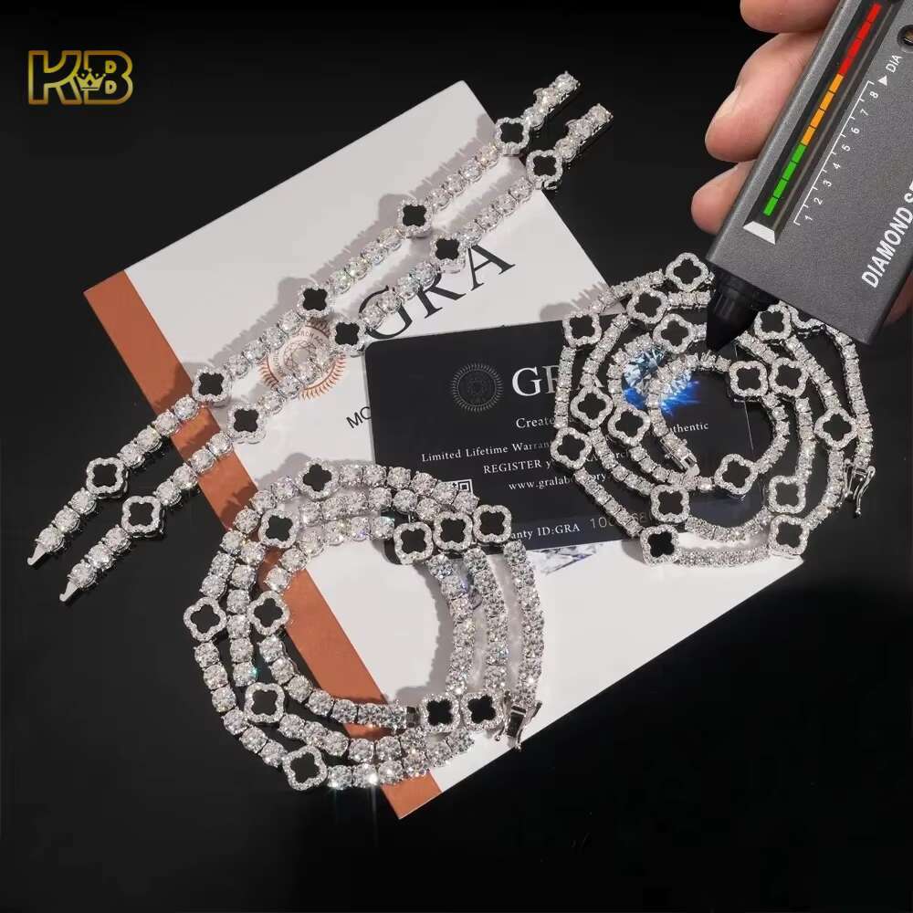 Iced Out 925 Silver Moissanite Diamond Tennis Necklace with Four-leaf Clover Design Fashion Tennis Jewelry for Men Women