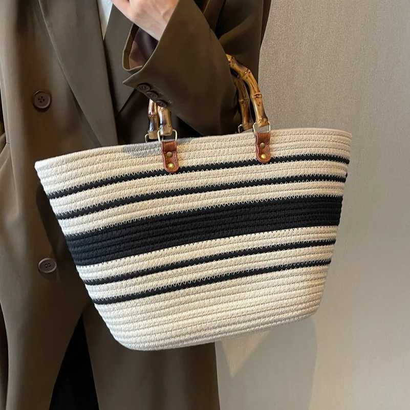 Vintage Knitted Bag Womens Cotton Striped Weaving Bamboo Handle Large Capacity Weaving Handbag Weaving Tote Bag XJ250605