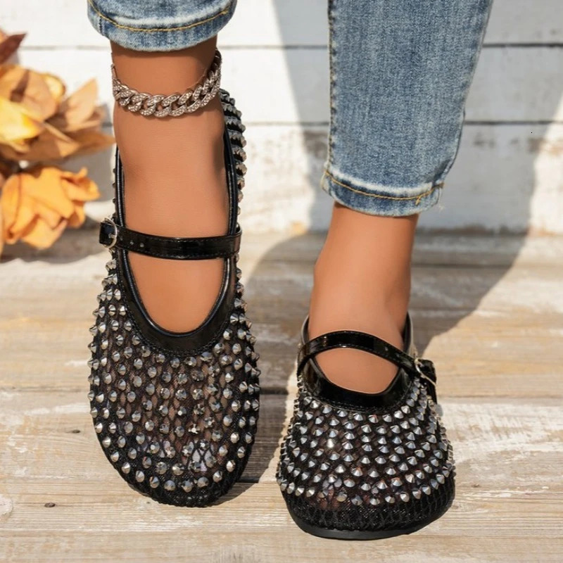 Mesh Breathable Rhinestone Fashion Versatile Womens Foreign Style Niche Belt Flat Soft Soled Mary Jane Shoes Womens Shoes 250603