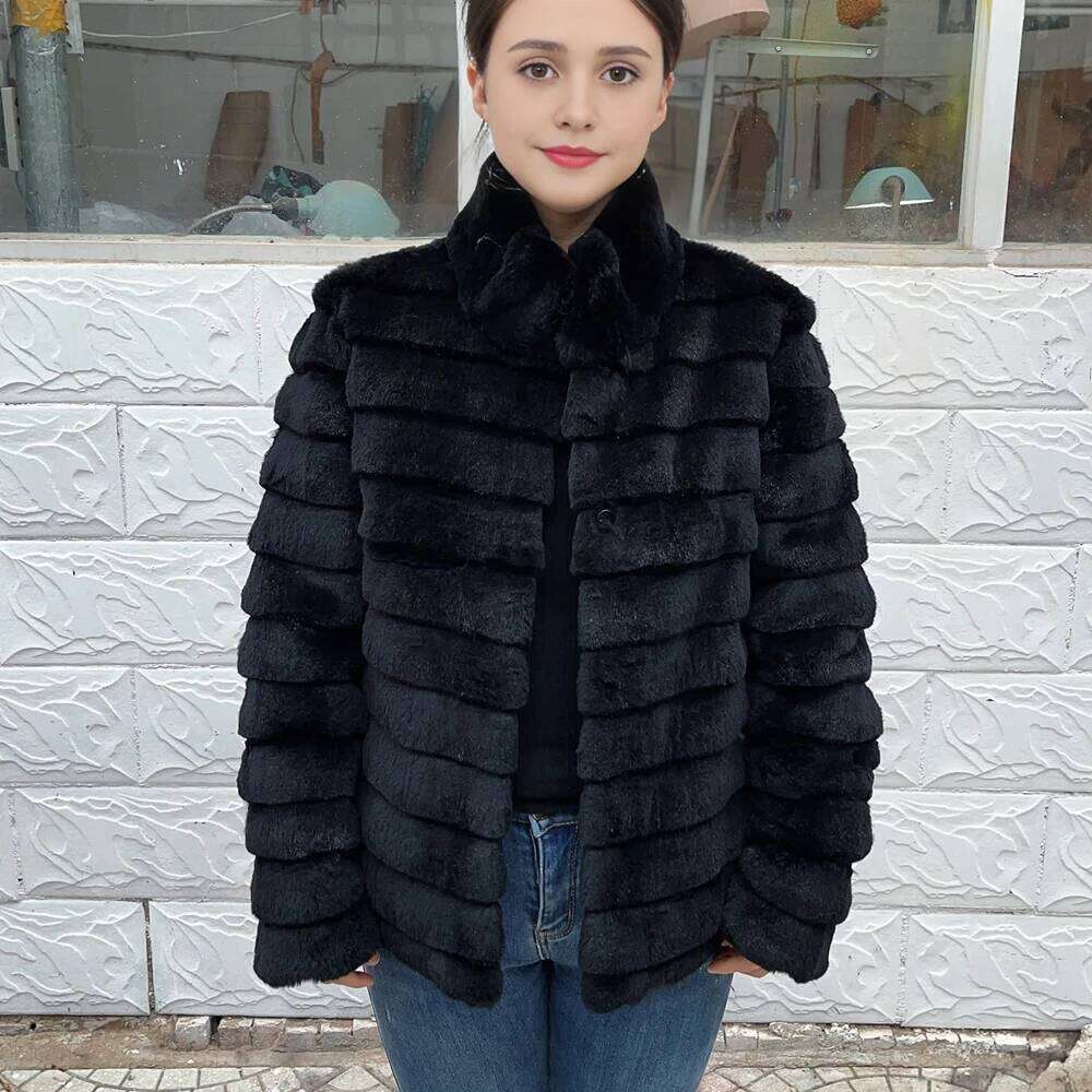 Fancy Rani Rex Rabbit Coat Women Winter Jacket Real Leather And Fur Clothing Female Outerwears With 2024 Black Cold