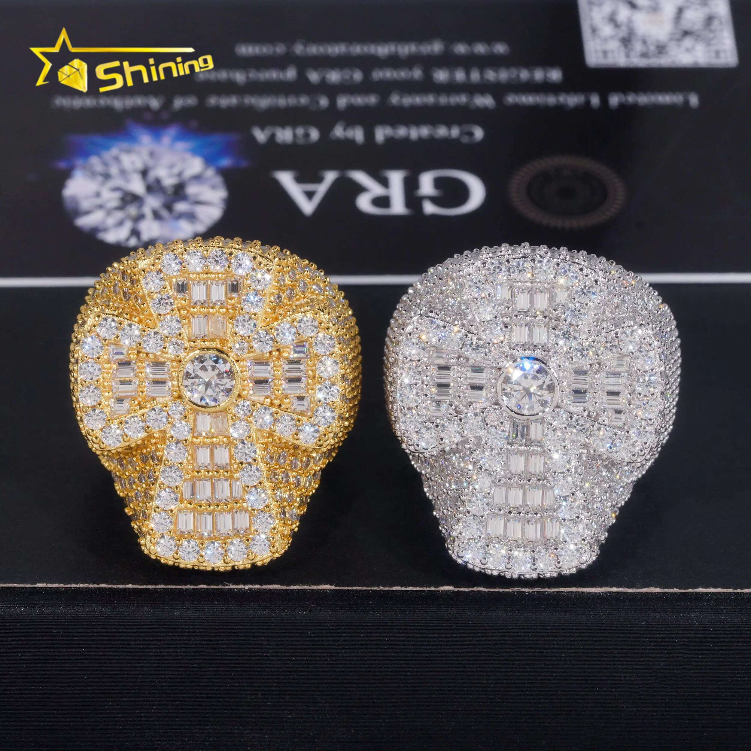 New GRA Certificate 925 Sterling Silver Gold Plated Fine Jewelry VVS Diamond Classic Cross Ring Moissanite Hip Hop Band Ring