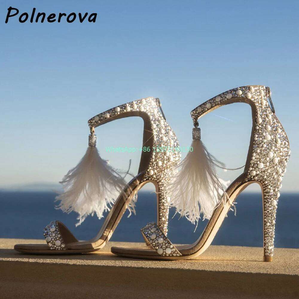 Crystal Feather Nude Sandals Round Toe Straight Strap Thin Heels Zipper Ladies Wedding Elegant Stiletto Shoes
