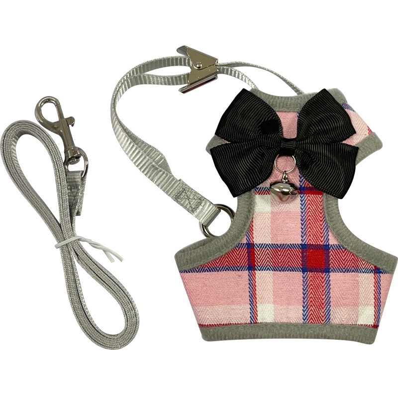 Plaid Pet Harness Leash Set Anti-Break Breathable Cat Dog Vest Harness with Bow Bell for Outdoor Walking