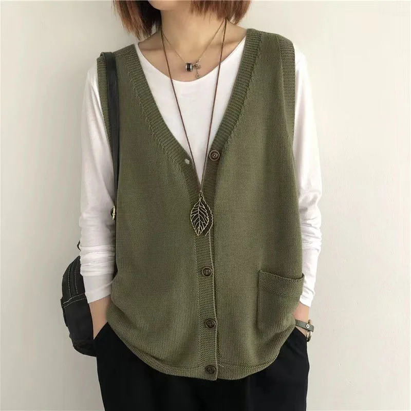 Lucyever Vintage Arts Style Knitted Vest Female Solid Color Sleeveless Button VNeck Waistcoat Women Casual Loose Knitwear Coats 250530