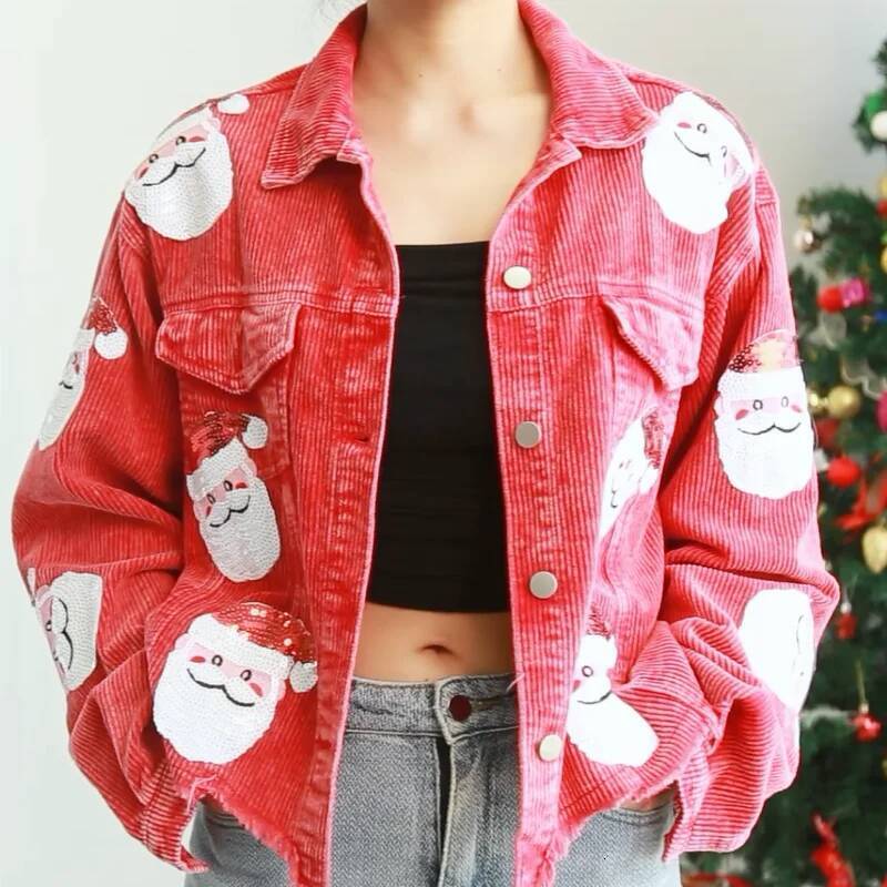 Sequined Santa Claus Vintage Single Breasted Christmas Corduroy Jackets Retro Coats Chaqueta Navidad Mujer