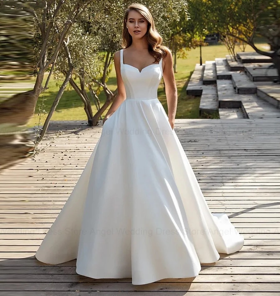 2025 Elegant A-Line Wedding Dress Sweetherat Backless Buttons Straps Women Satin Bride Bridal Gowns Button Plus Size Vestidos De Novia