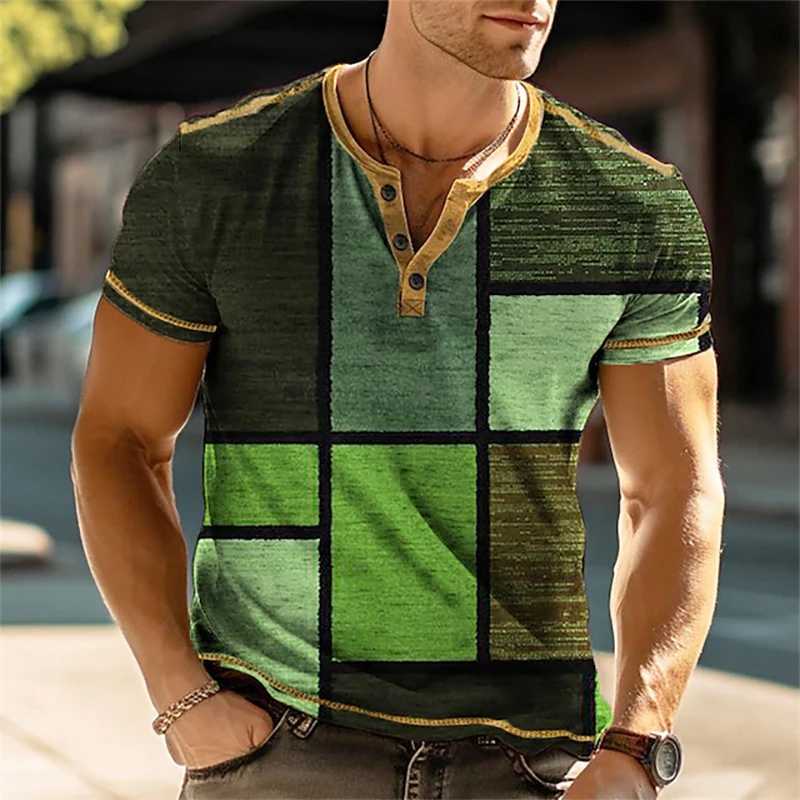 Henley Vintage 3D color block printed mens shirt retro short sleeved mens T-shirt oversized fashionable button top summer casualXJ250605