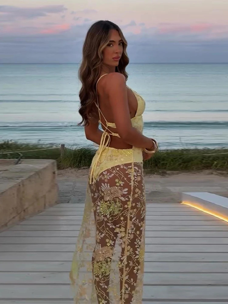 Holiday Sequin Lace See Through Long Dress Women Patchwork Sleeveless V-neck Lace Up Backless Party Dresses 2025 Yellow Robe 250604