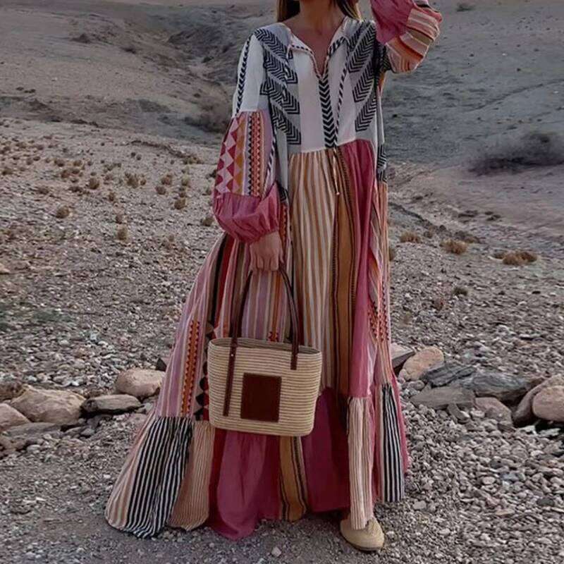 Fashion Printed Patchwork Loose Dresses Spring Women Retro Puff Sleeve Long New Summer High Waist V Neck Knee Length Dress