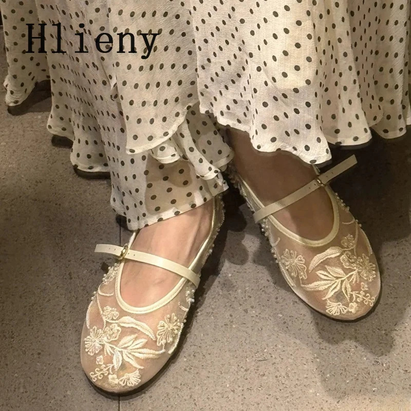Hlieny Woman n Embroidery Flowers Pearl Mesh Round Tor Buckle Strap Ballet Flats Loafers Ladies Mary Jane Shoe Mules Sandal 250603