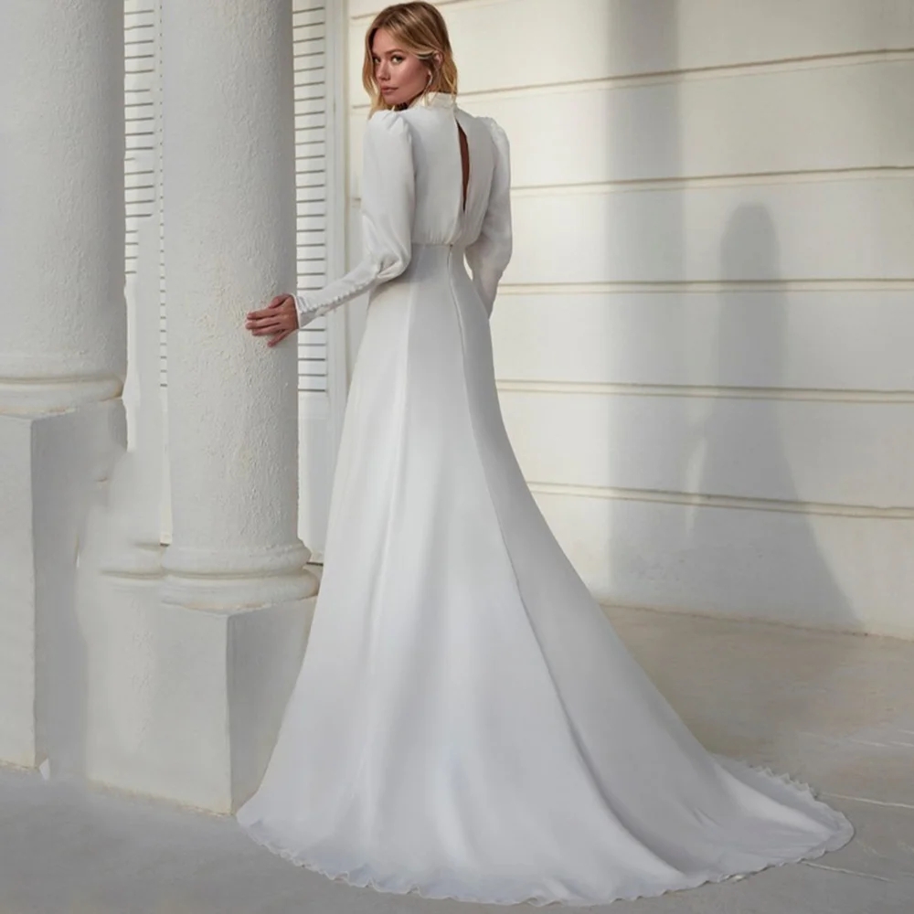 2025 Modern High Neck White Chiffon Wedding Dress Women Long Lantern Sleeve Pleats A-line Bride Gown Button Sweep Train Vestidos De Noiva