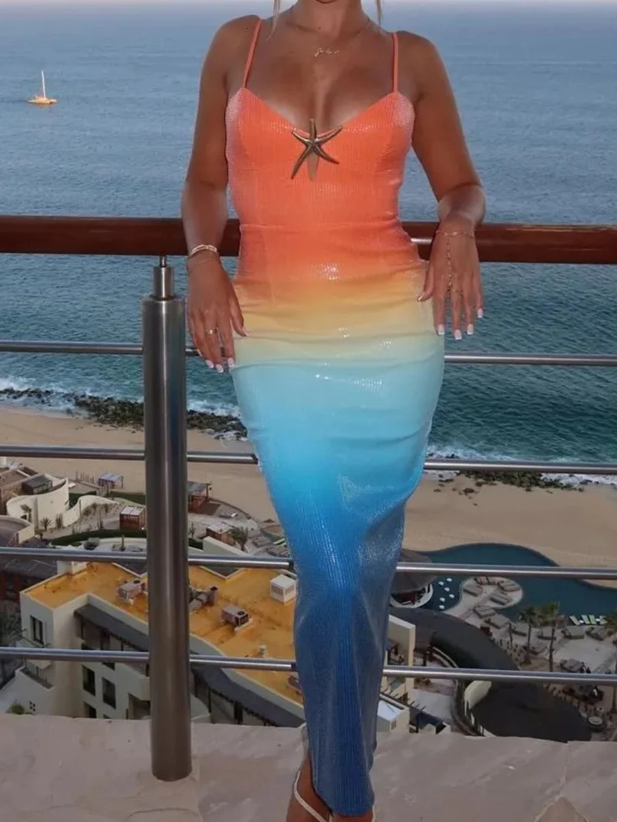 Women Y2k Sequin Maxi Dress Fashion Gradient Print Backless Bodycon Long Dress Colorful Spaghetti Strap Beach Elegant Sundress 250604