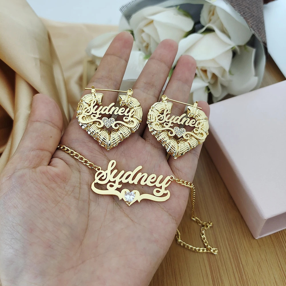 Custom Name Jewelry Sets Stainless Steel Heart Bamboo Earrings and Zircon Necklace with Letters Women Childrens Gifts 250530