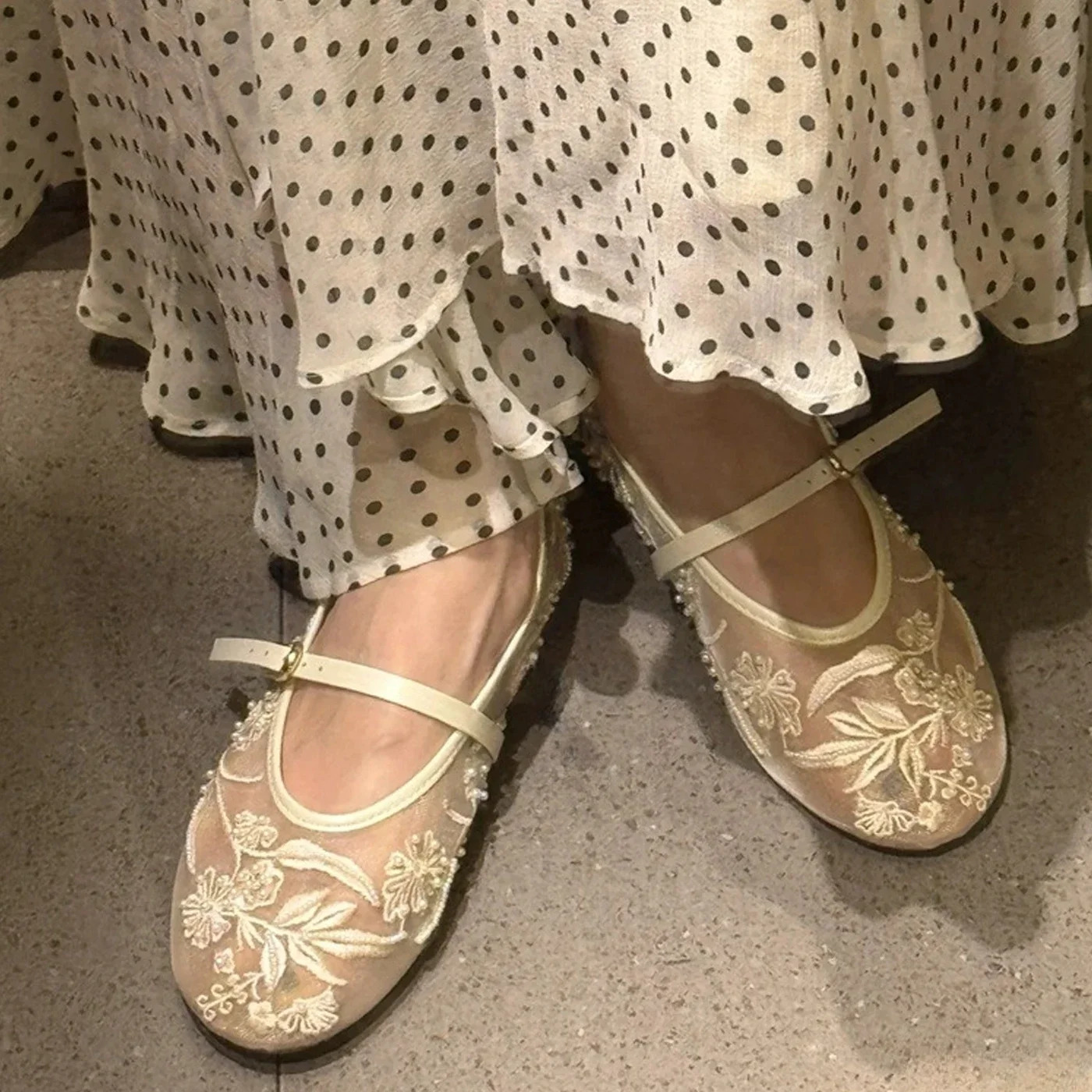 Aneikeh Elegant Ballet Dance Embroidered Flower Mesh Fabric Flat Heels Women Sandals Round Toe Buckle Strap Casual Mule Shoes 250603