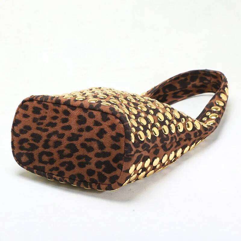 Rivet Inlaid Leopard Print Frosted Shoulder Bag,Women Underarm Bucket Bag, Punk Street Motorcycle Style Handbag,Metal Stud Purse