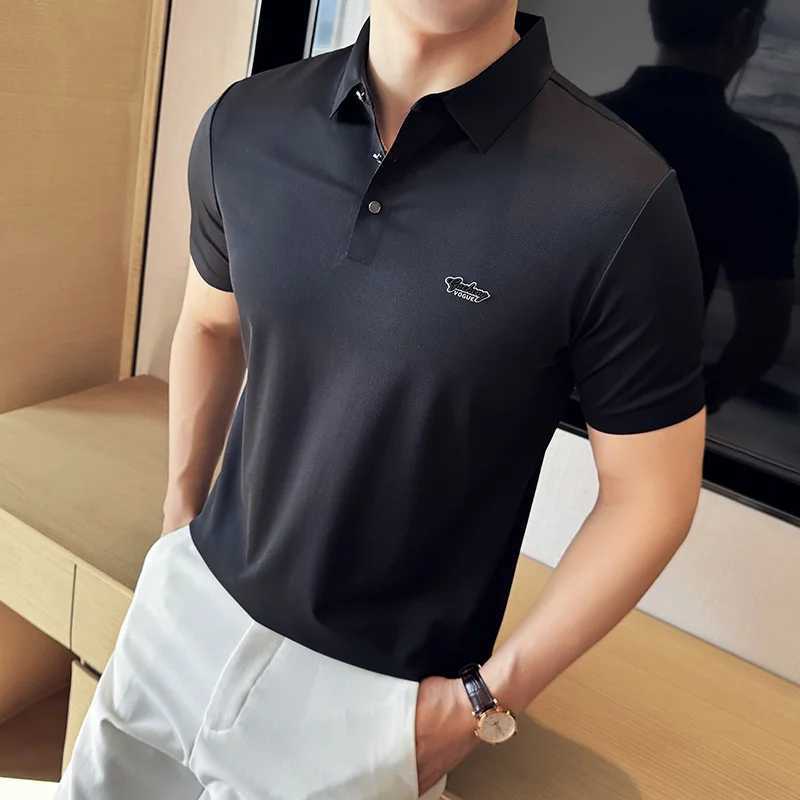 High Elasticity Mens Short Sleeve POLO Shirt 2024 Summer New Solid Casual Pure Cotton Slim Fit Embroidered T-shirt Mens Clothing XJ250605