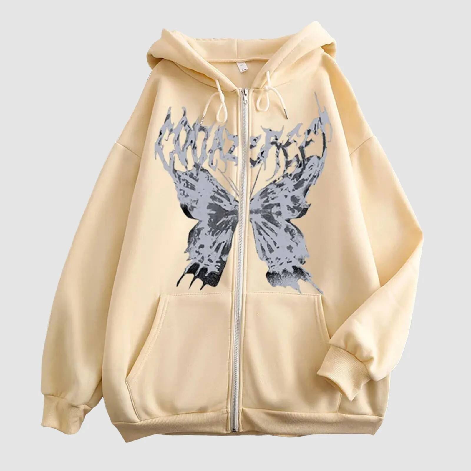 Y2k Haruku Women Hoodie Coat Autumn Gothic Butterfly Printed Sweatshirt Zip Up Long Sleeve Hooded Sweatershirt Pocket Jacket