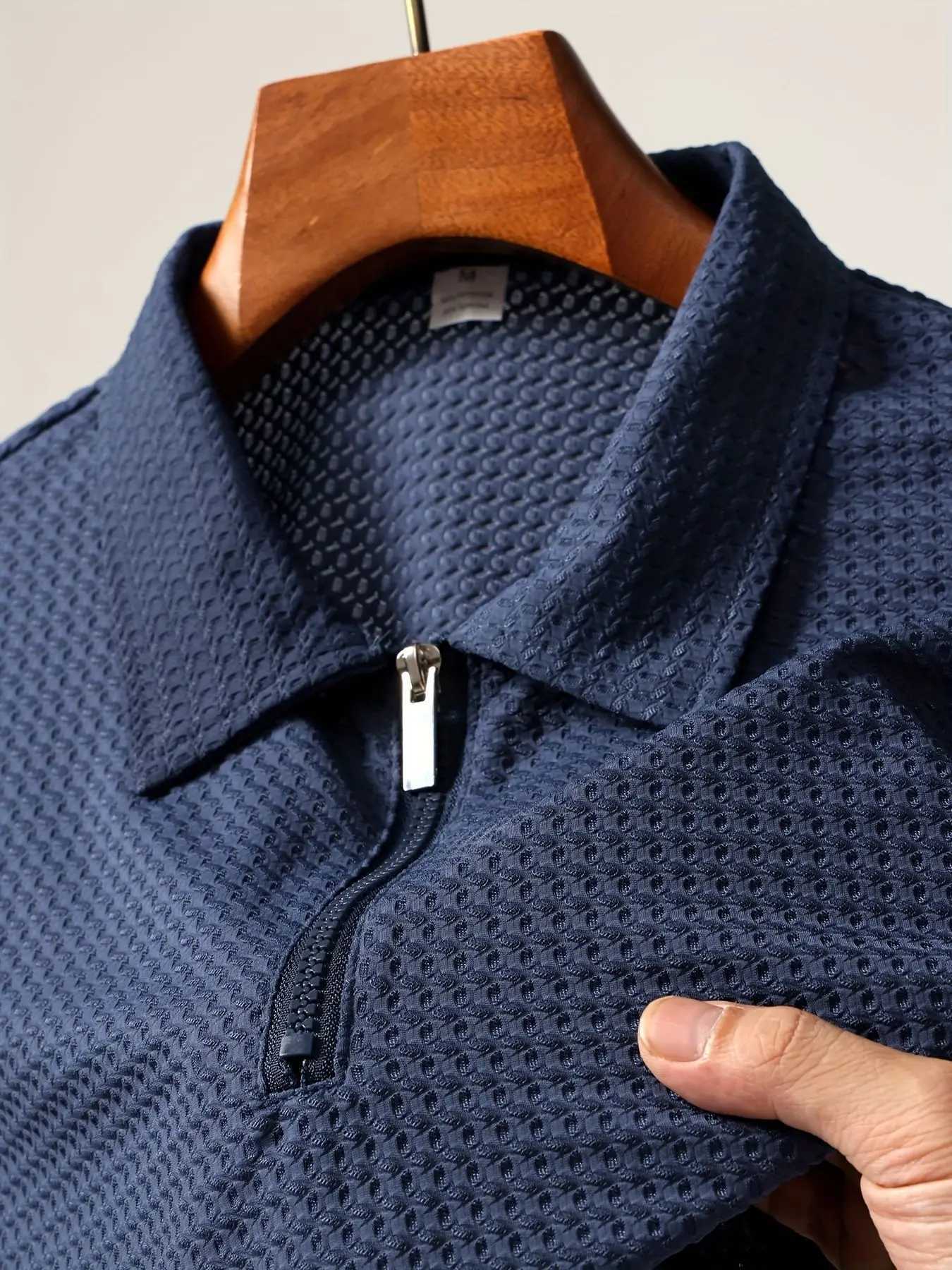 Mens POLO Shirt Summer Breathable Casual And Fashionable Zipper Lapel Solid Color Perforated Nylon Short Sleeve XJ250605