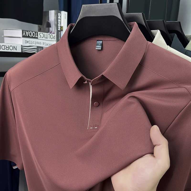 Luxury Summer Mens Non-mark Lapel Polo Shirt Business Casual Short Sleeve Cold Comfortable Solid Color Short Sleeve T-shirt TopXJ250605