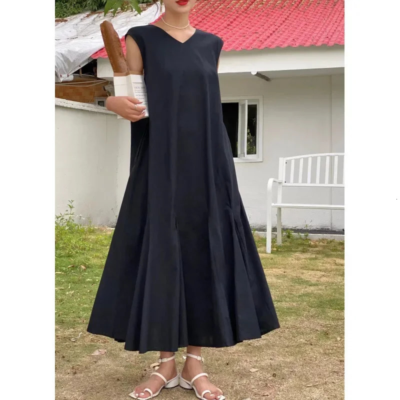 Retro Vneck Sleeveless Maxi Dress Korean Style Casual Long Overknee Pure Color Loose Fit Comfortable Lazy Dress 250604