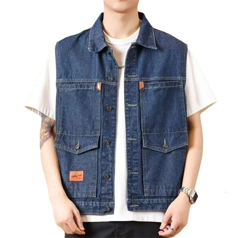2023 Mens GreyVintagedenimJacket SimpleTrendy LooseFit Versatile Workwear Denim Vest Motorcycle Rider Clothing 250605Z